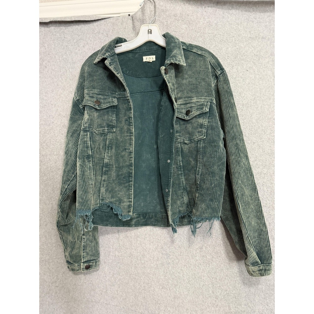 POL Jacket Womens Small Green Corduroy Striped Distressed Raw Hem Snap Front